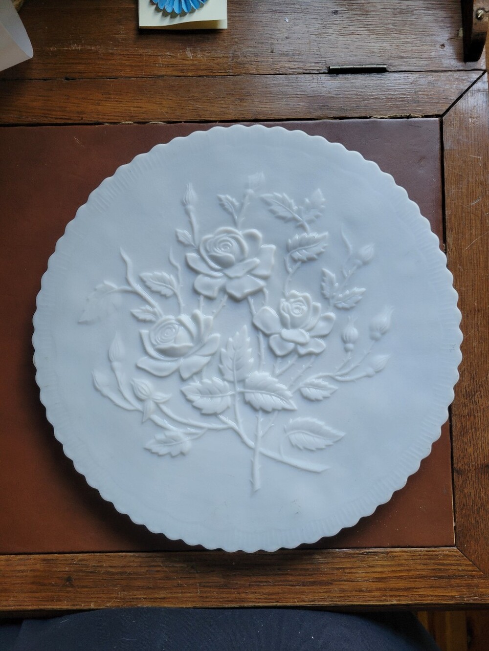 Lg. 12 ½” 3-Rose IMPERIAL Milk Glass MCM Vintage Embossed Cake Serving Platter